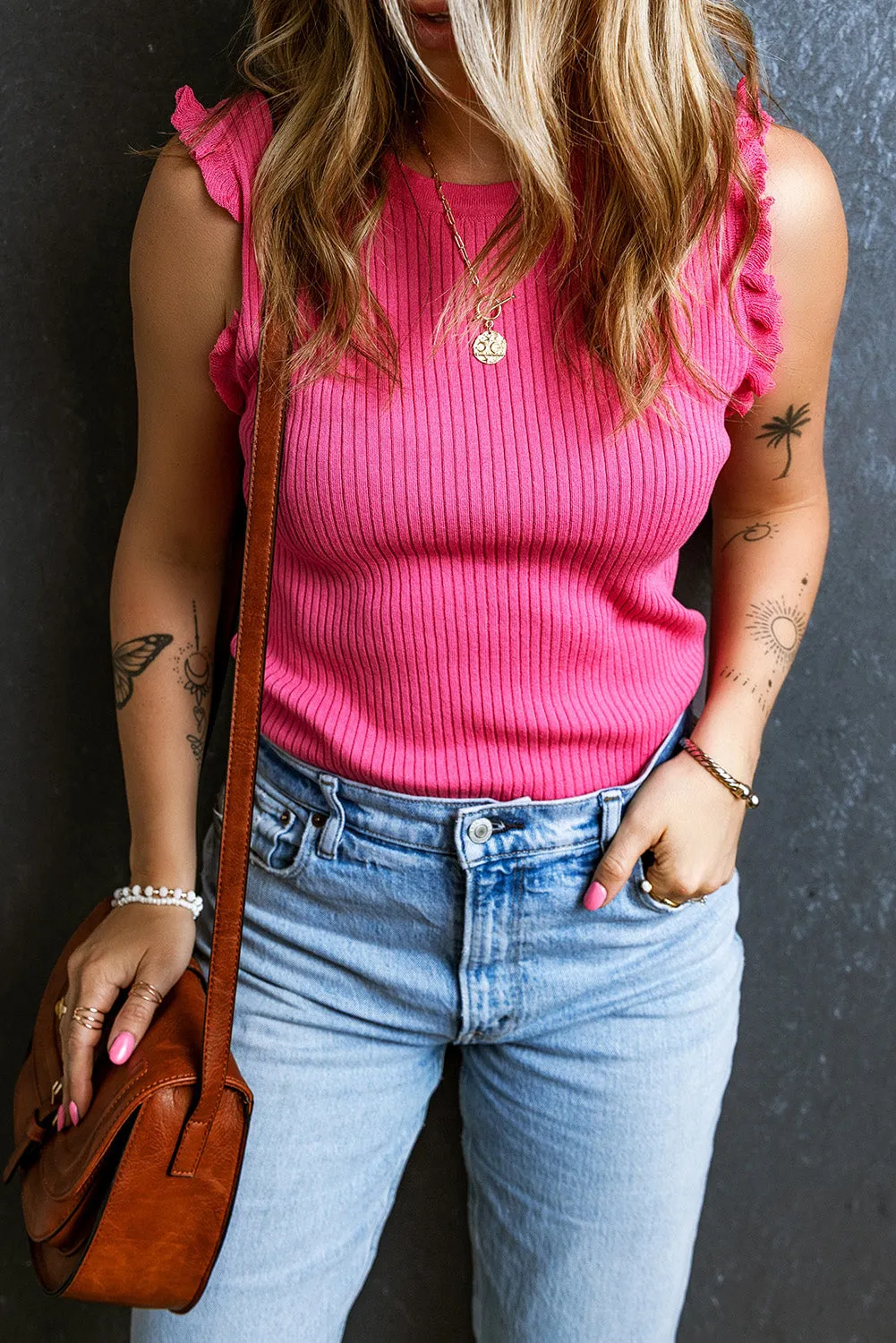 Bright Pink Frilly Trim Ribbed Knit Round Neck Tank Top