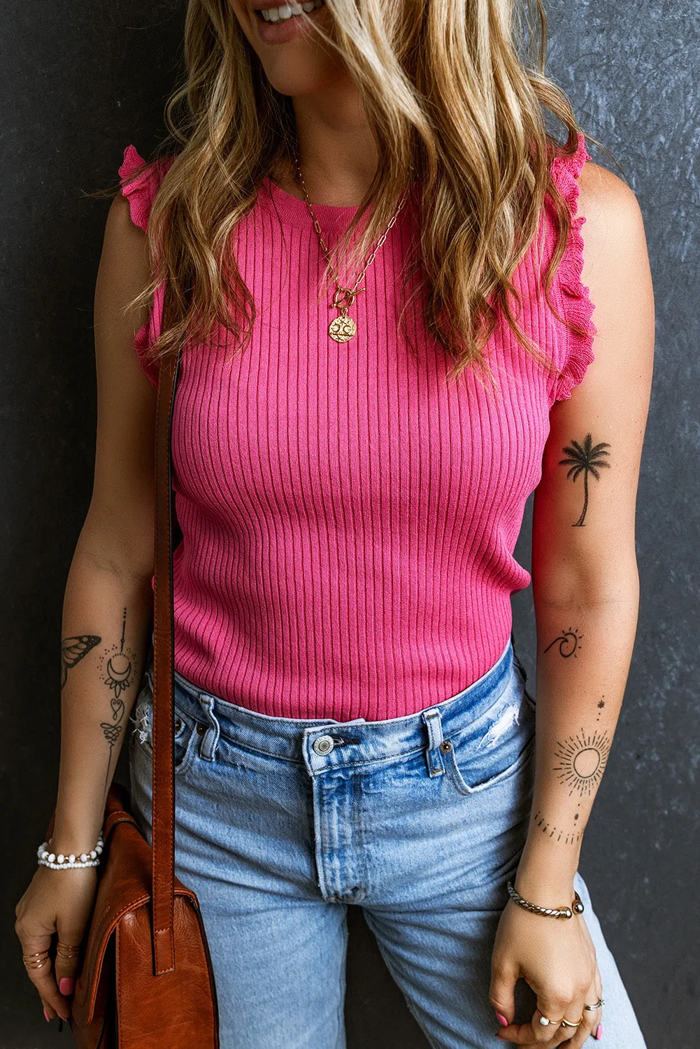 Bright Pink Frilly Trim Ribbed Knit Round Neck Tank Top