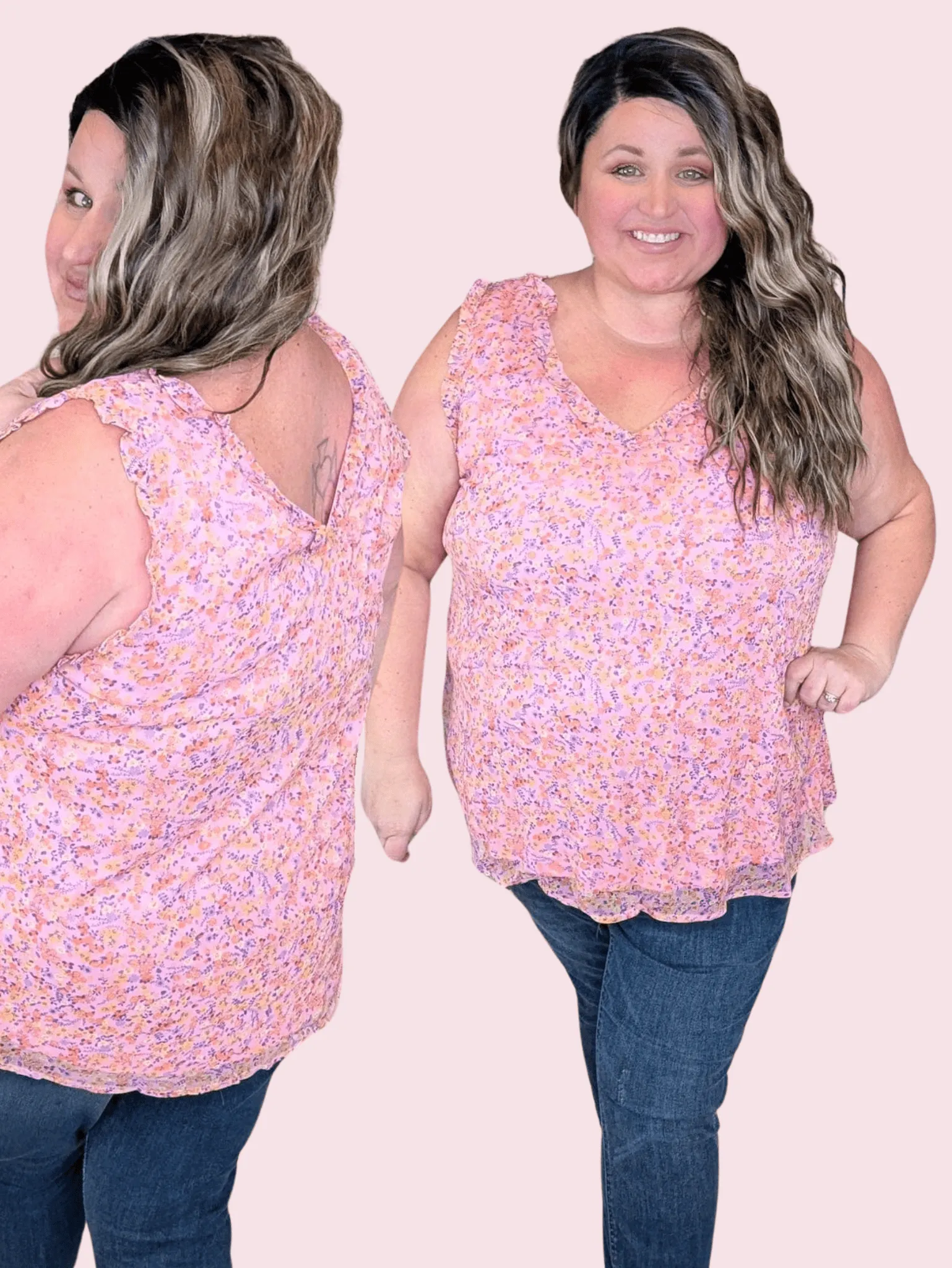 Brittany Ruffle Edge Vneck Tank in Pink Floral