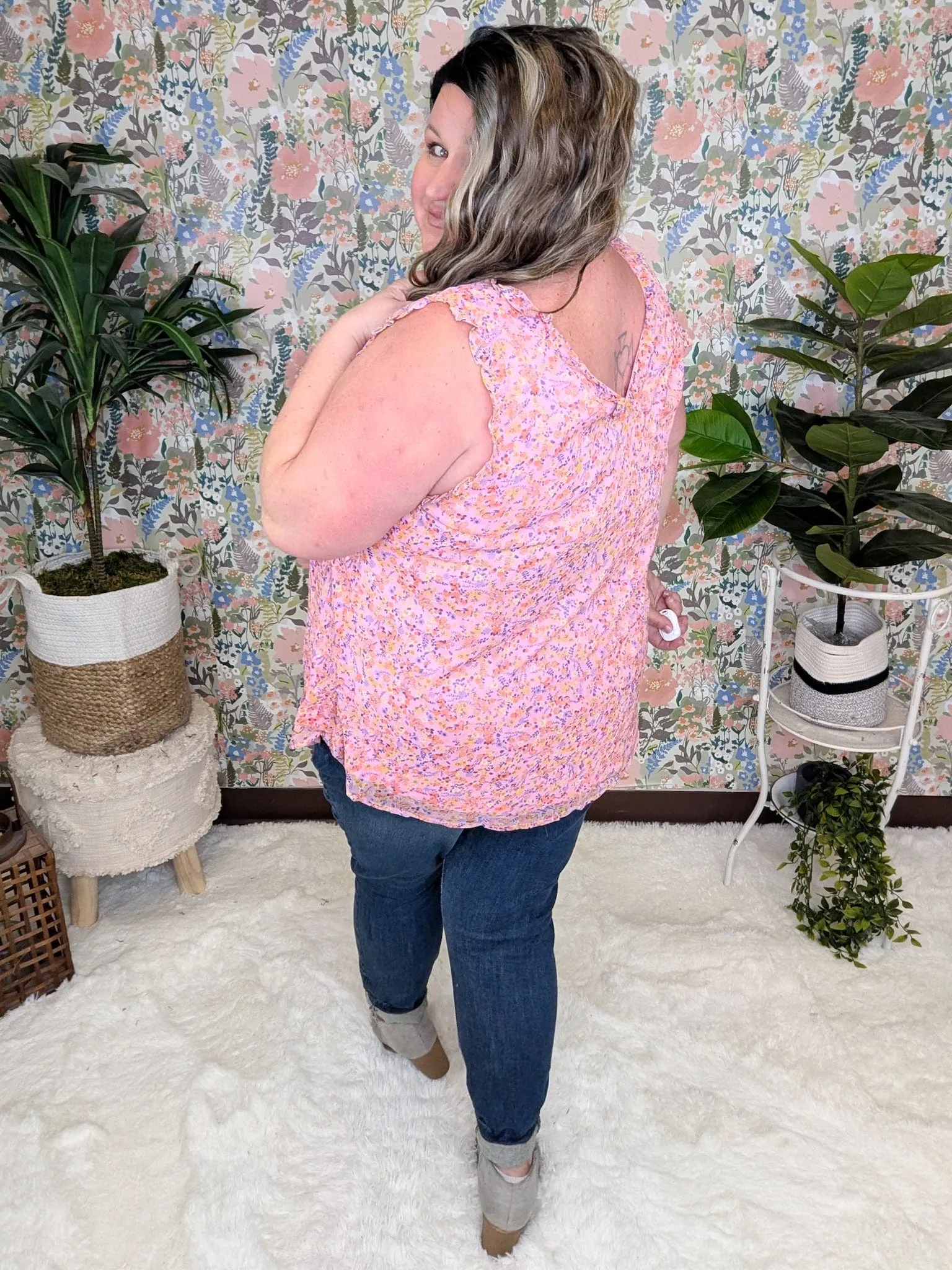 Brittany Ruffle Edge Vneck Tank in Pink Floral