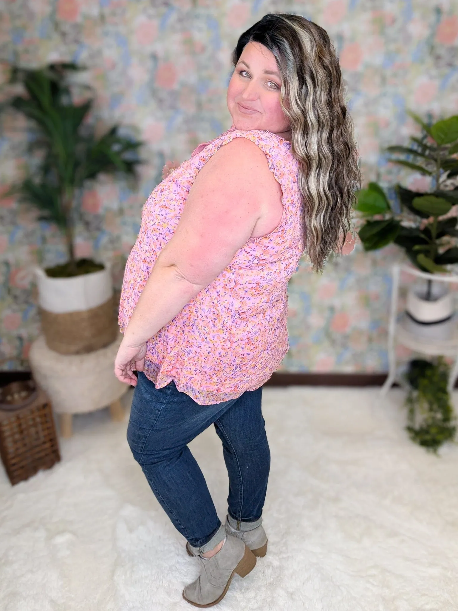 Brittany Ruffle Edge Vneck Tank in Pink Floral