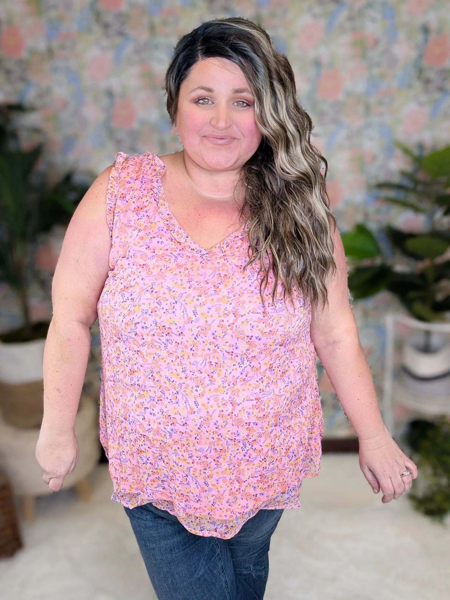 Brittany Ruffle Edge Vneck Tank in Pink Floral