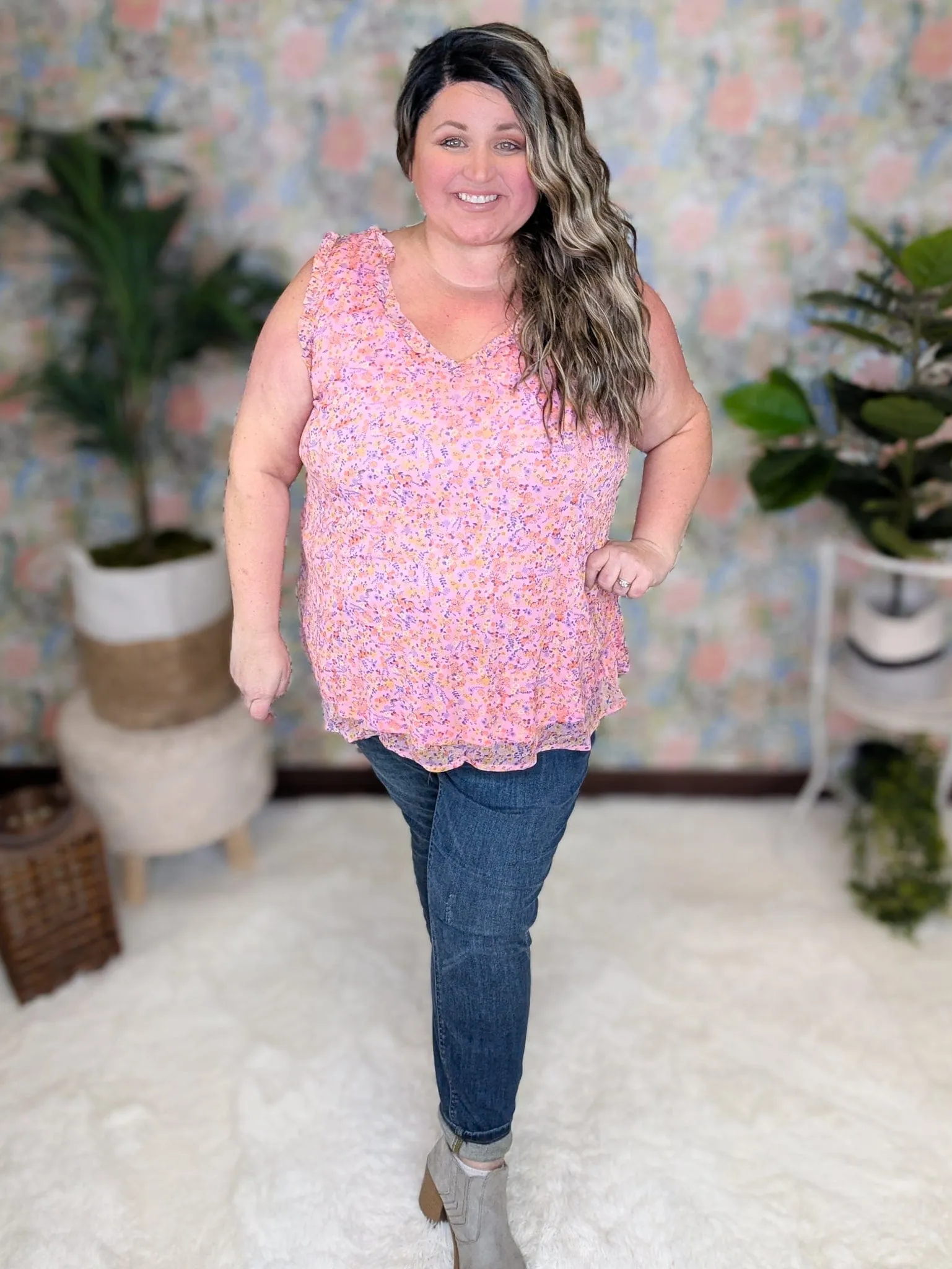 Brittany Ruffle Edge Vneck Tank in Pink Floral