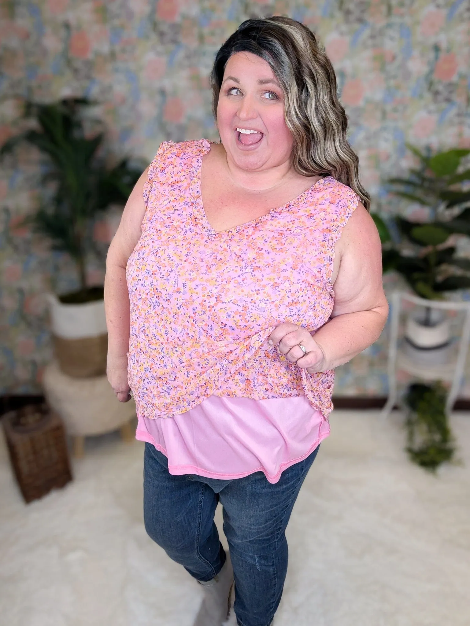 Brittany Ruffle Edge Vneck Tank in Pink Floral