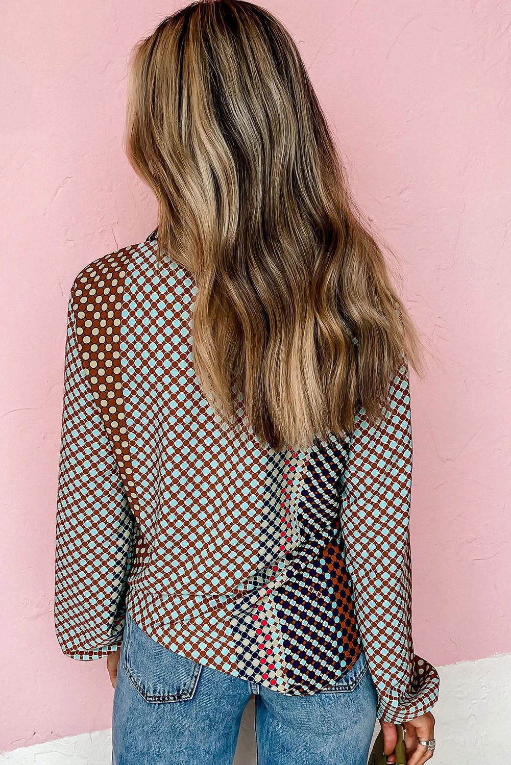 Brown Dot Print Long Sleeve Button Down Shift Shirt