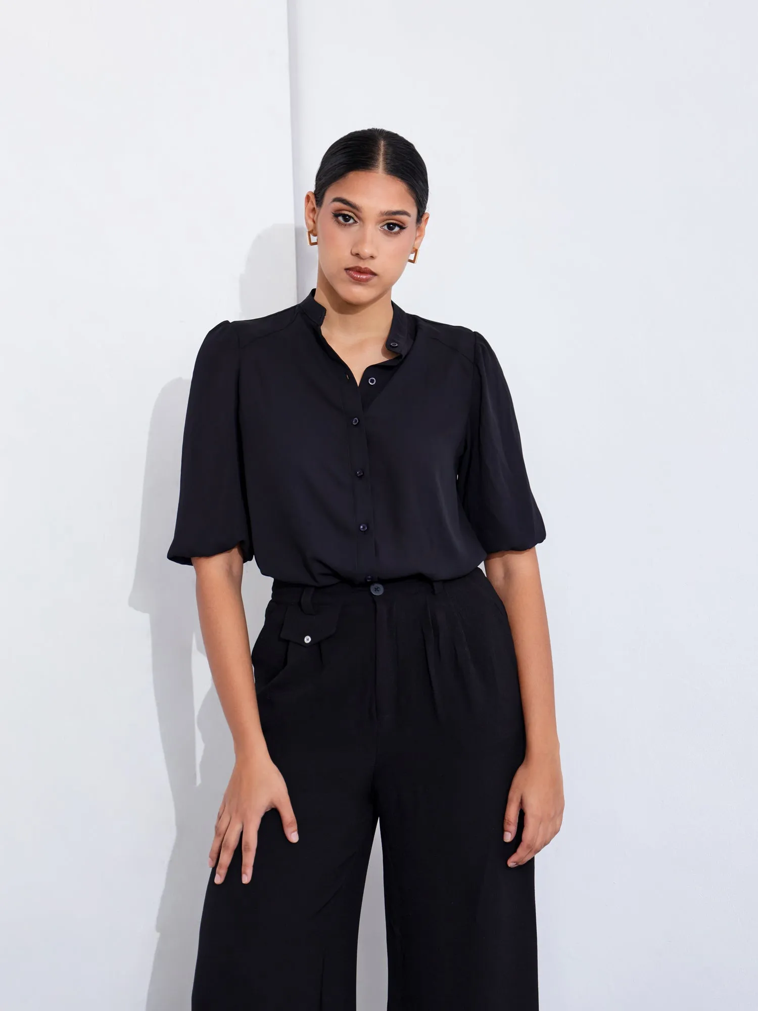 Button Down Balloon Sleeve Top