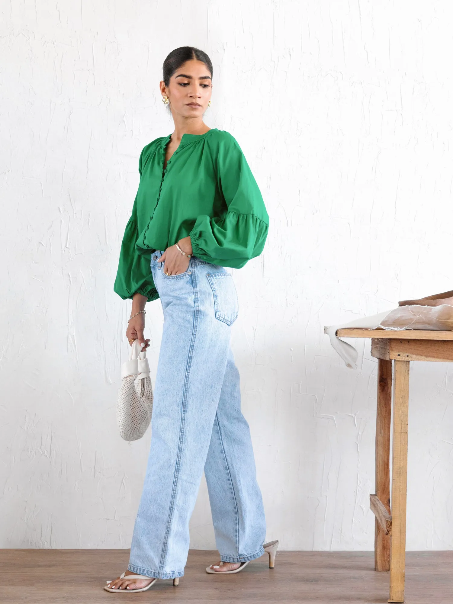Button Down Balloon Sleeved Top