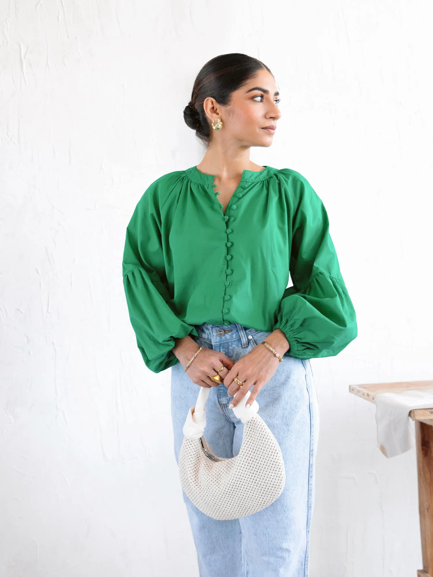 Button Down Balloon Sleeved Top