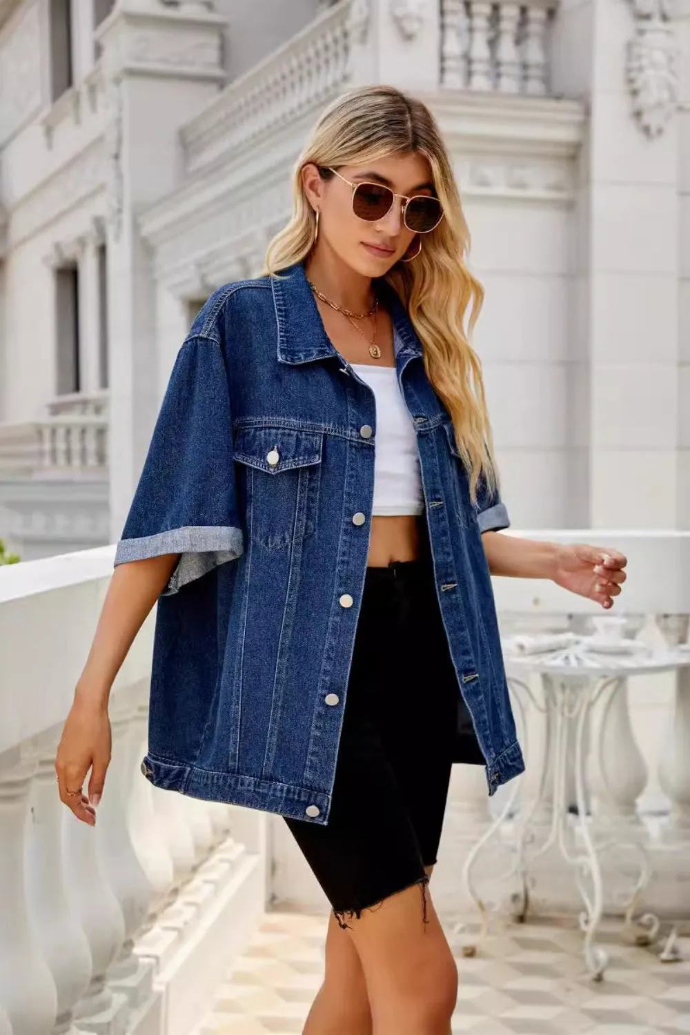 Button Down Half Sleeve Denim Jacket