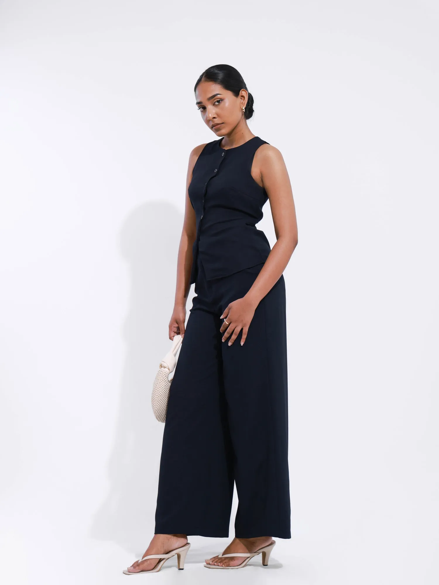 Button Down High Neck Sleeveless Back Tieup Top