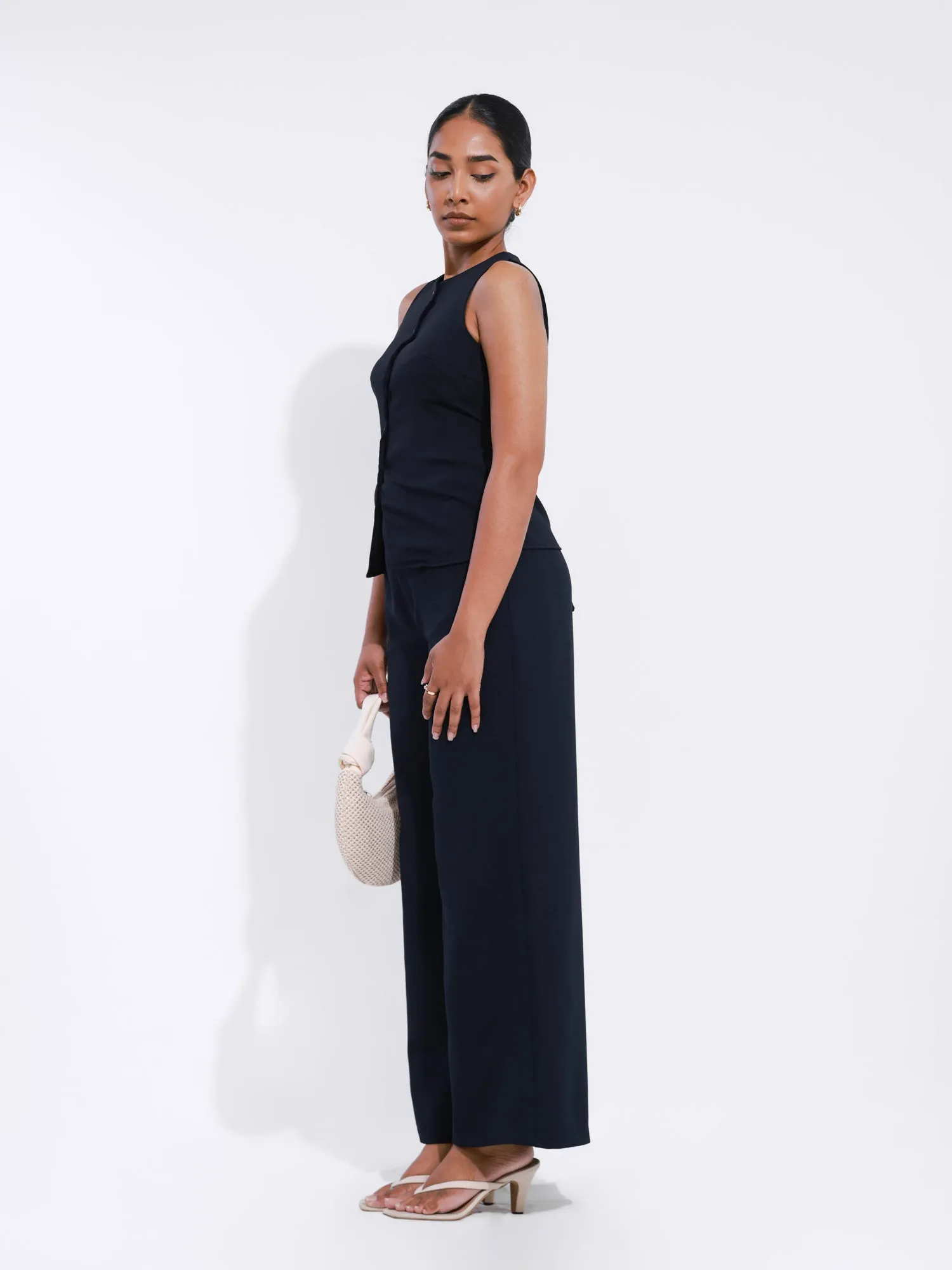 Button Down High Neck Sleeveless Back Tieup Top