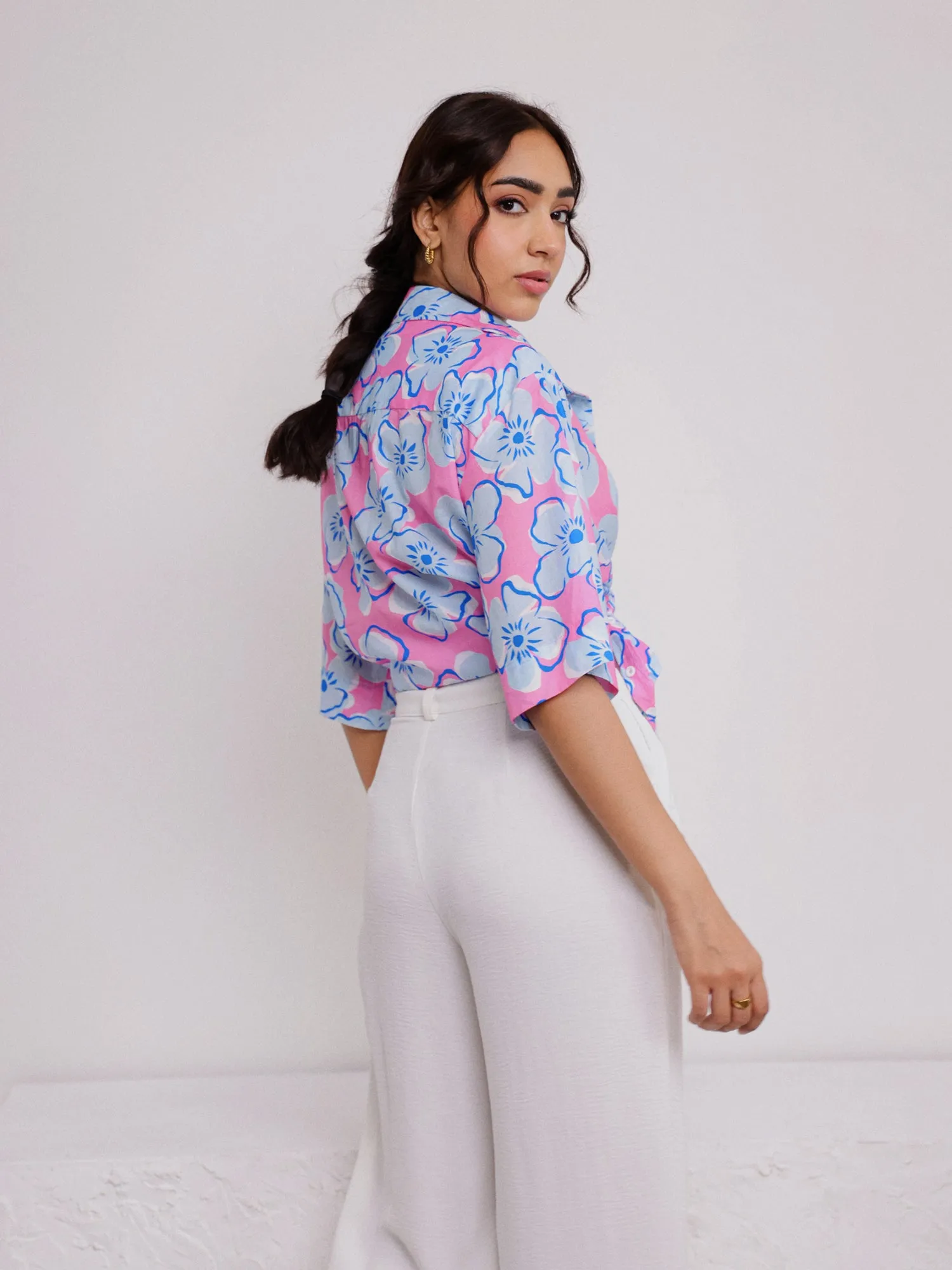 Button Down Oversized Short Sleeved Printed Top