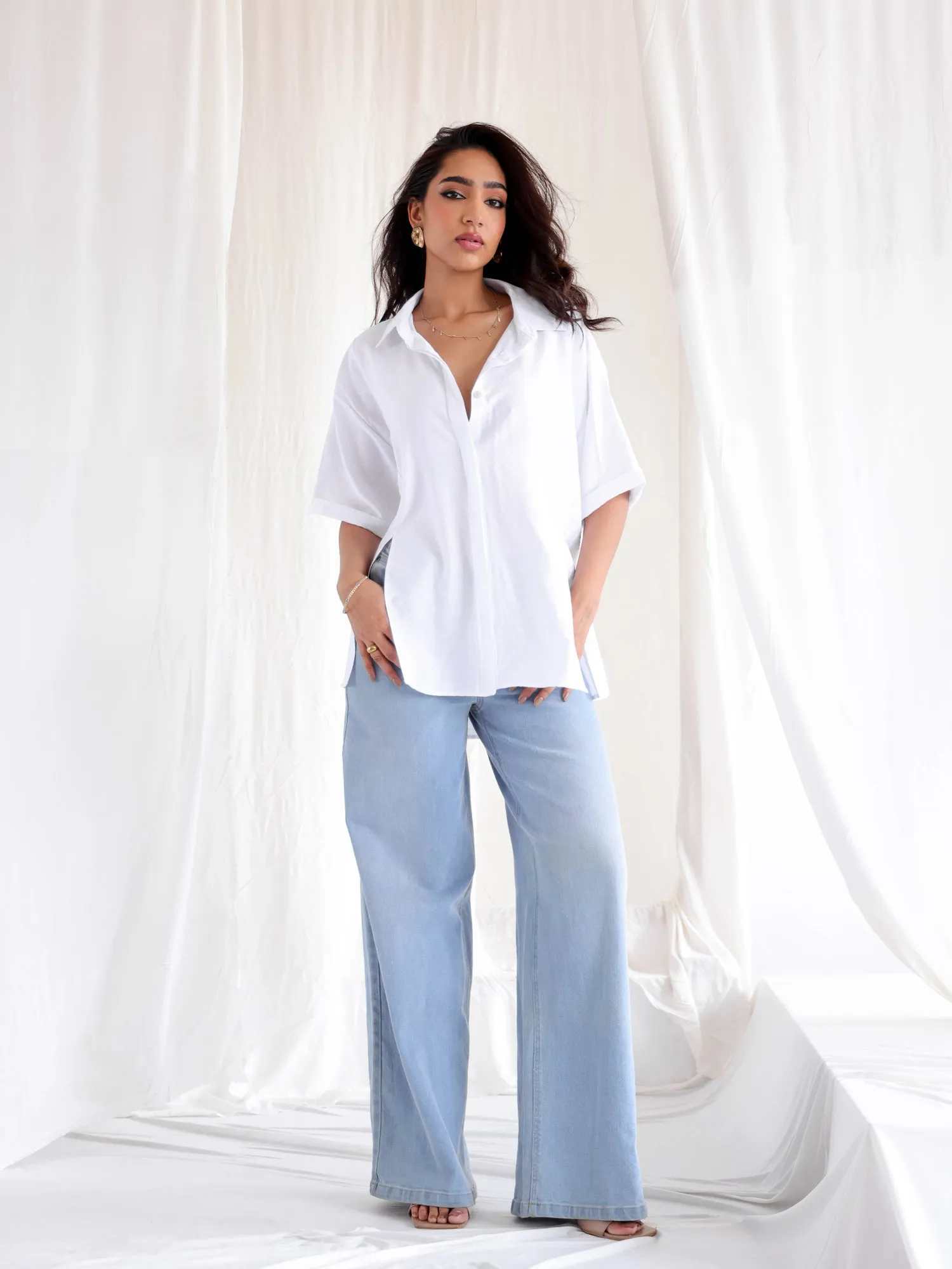 Button Down Seam Detailed Short Sleeve Top