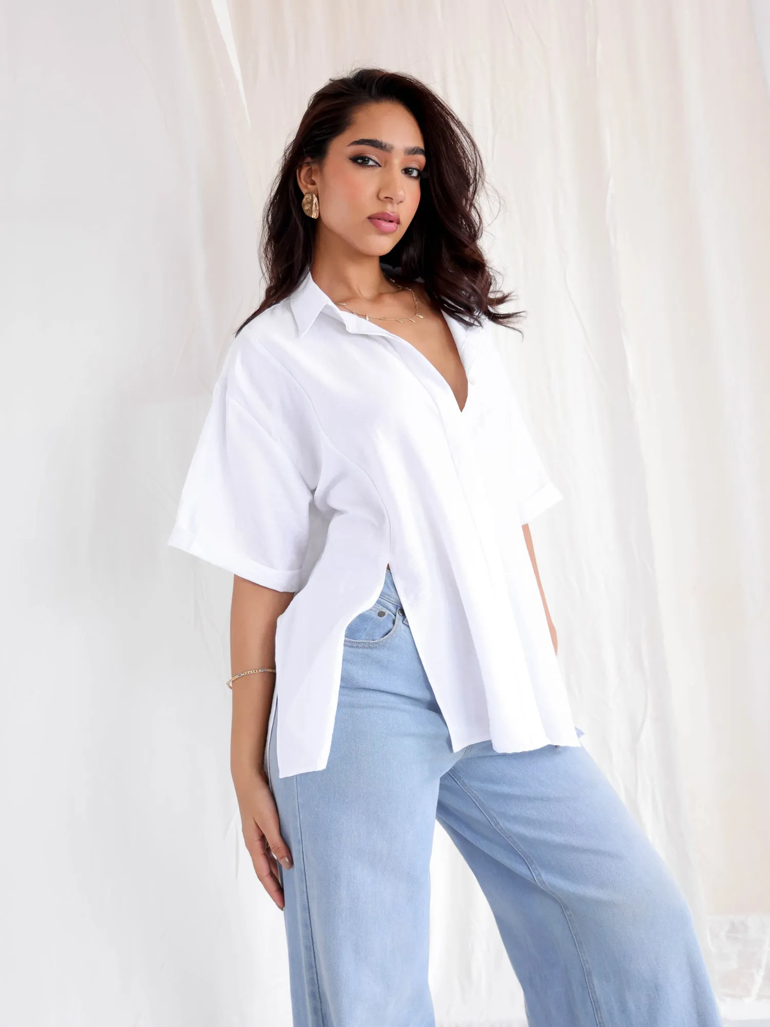 Button Down Seam Detailed Short Sleeve Top