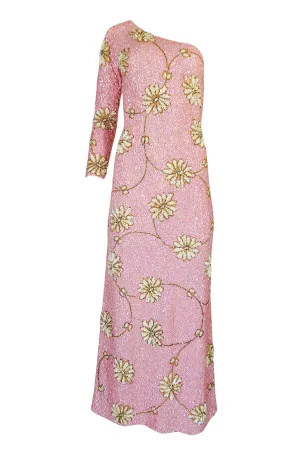 c.1965 Gene Shelly Pink Sequin Stretch Knit Dress w 3D Floral Design