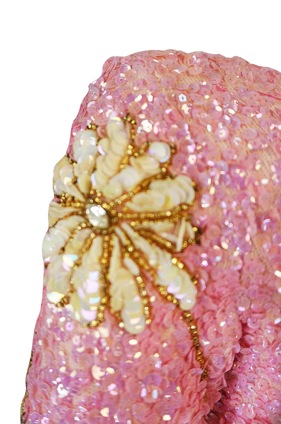 c.1965 Gene Shelly Pink Sequin Stretch Knit Dress w 3D Floral Design