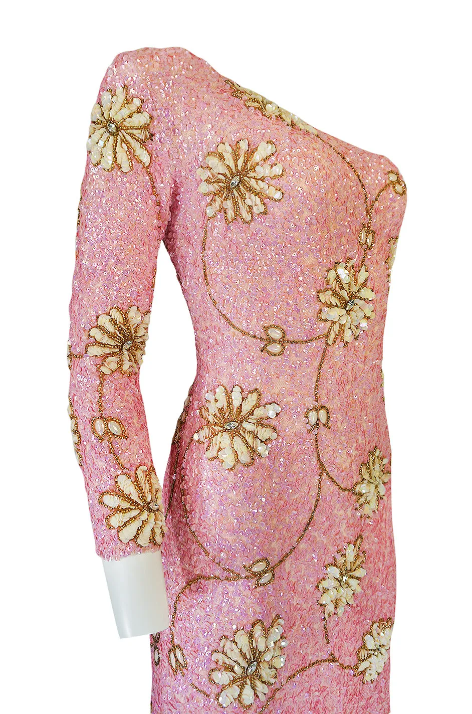 c.1965 Gene Shelly Pink Sequin Stretch Knit Dress w 3D Floral Design