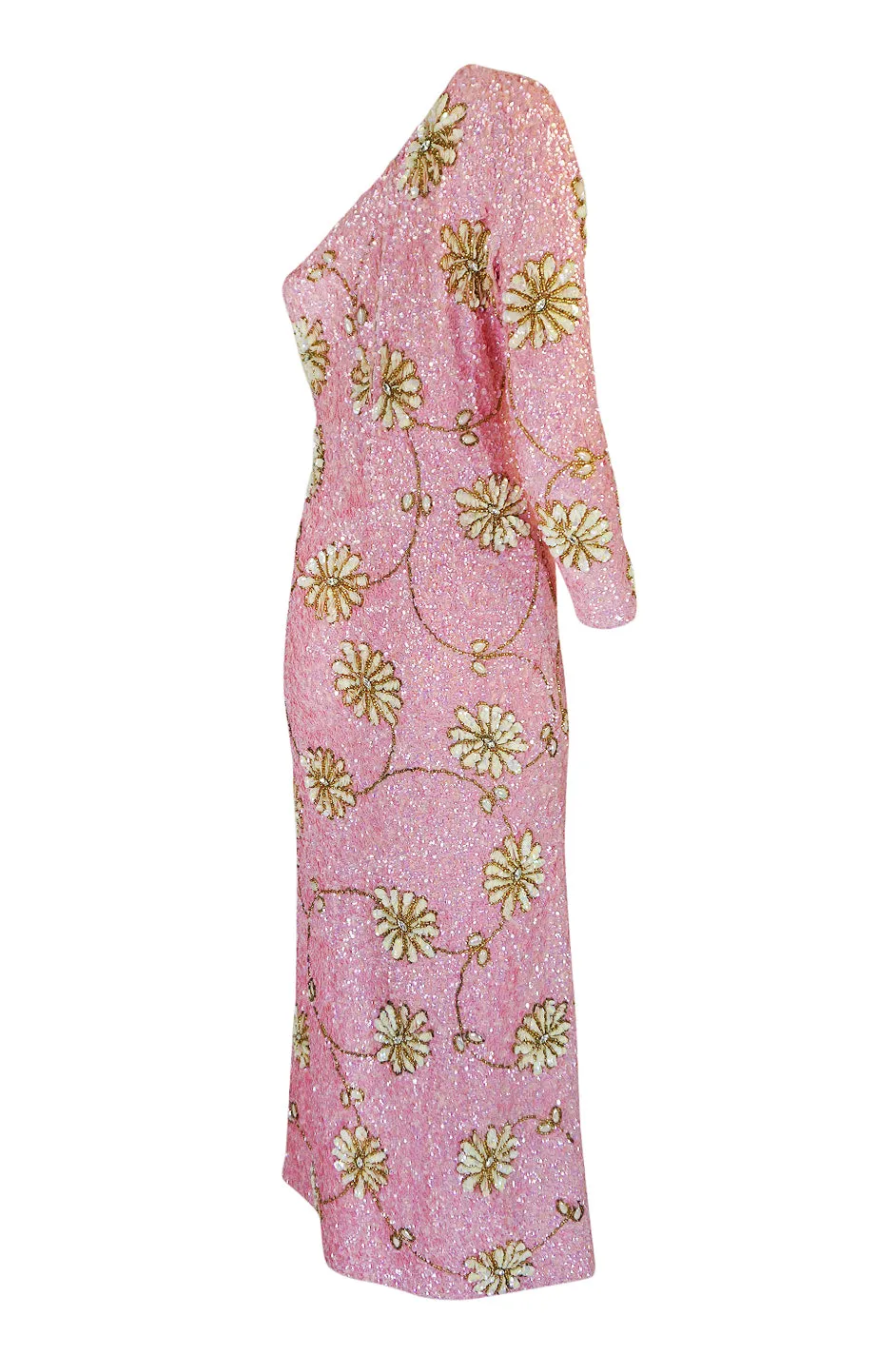 c.1965 Gene Shelly Pink Sequin Stretch Knit Dress w 3D Floral Design