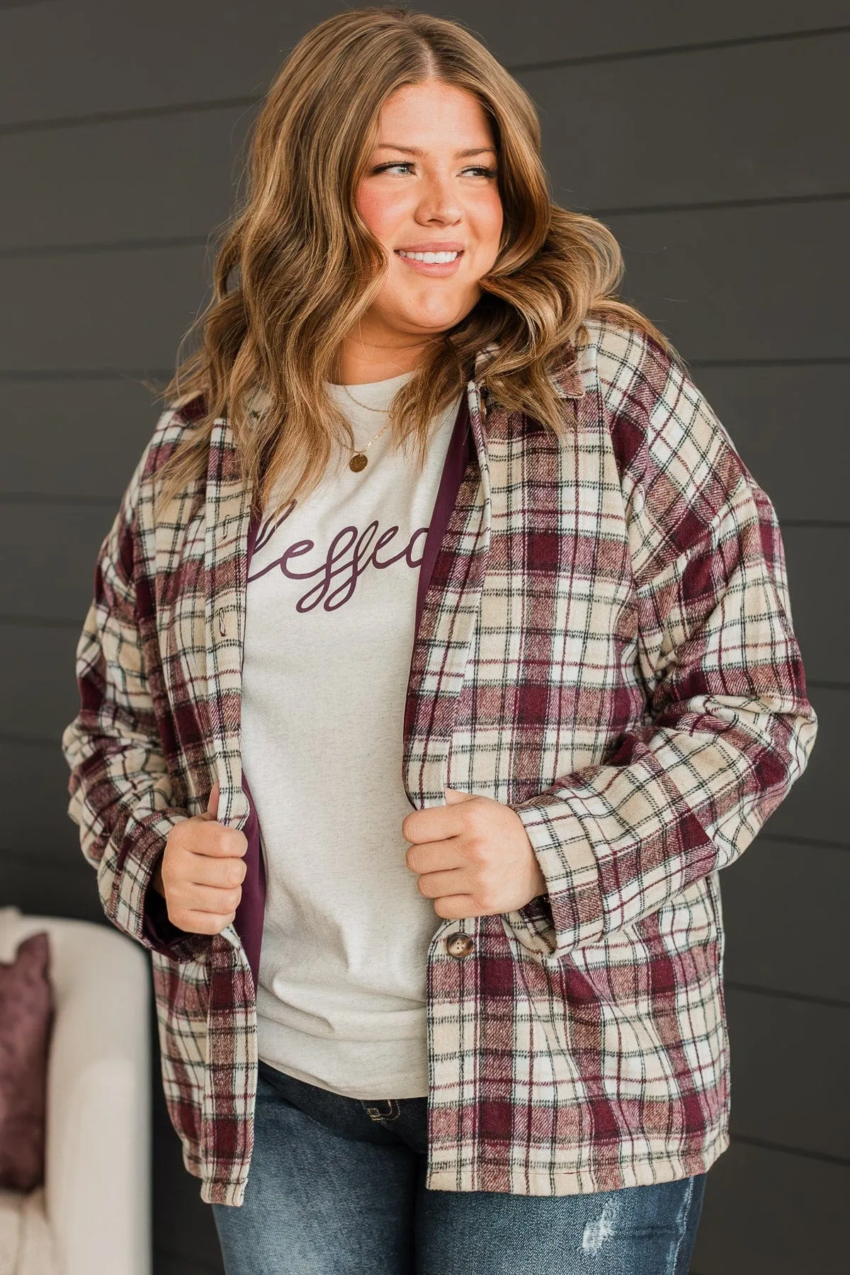 Campfire Nights Plaid Jacket- Plum & Beige