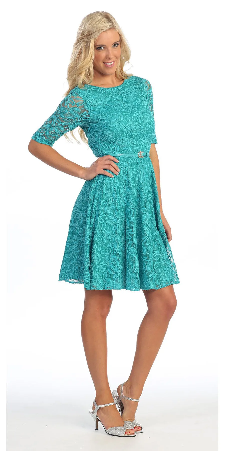 Celavie 2367 Lace Dress Short Removable Belt Mid Sleeves