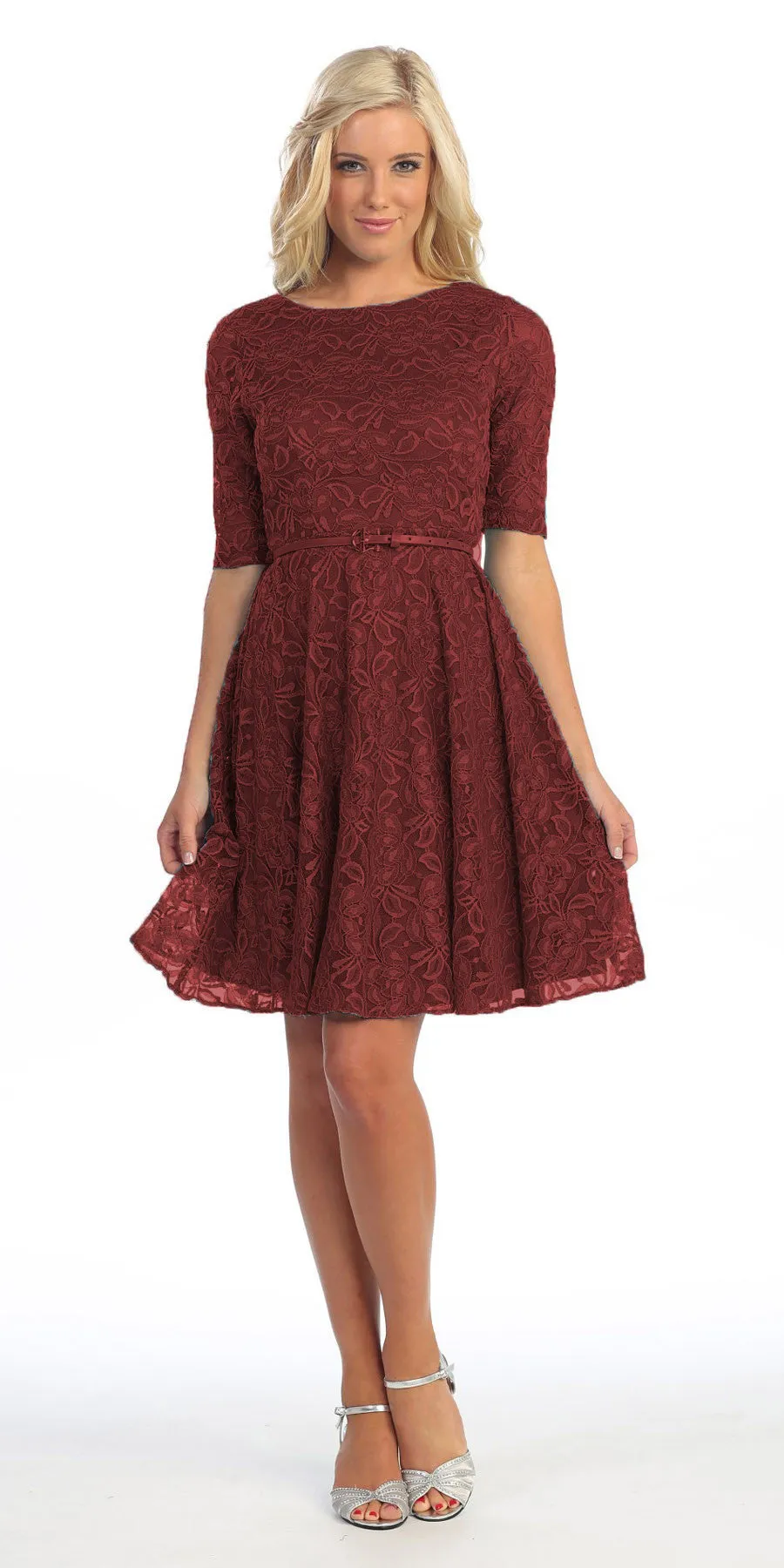 Celavie 2367 Lace Dress Short Removable Belt Mid Sleeves