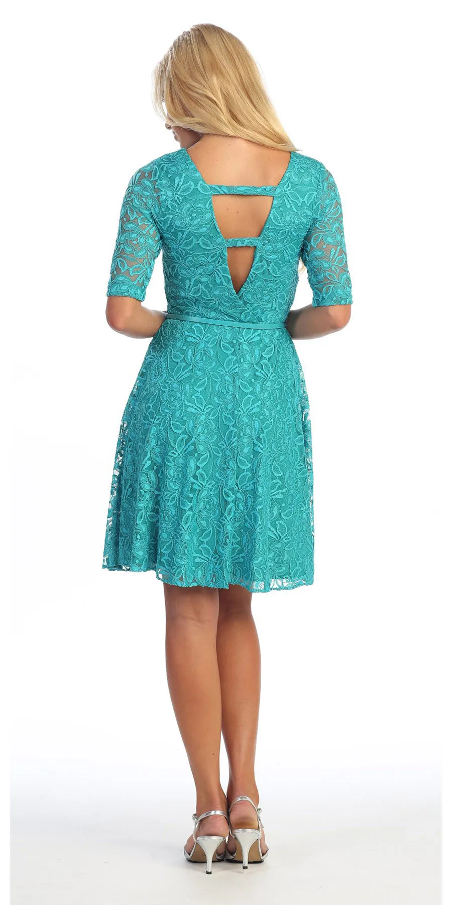 Celavie 2367 Lace Dress Short Removable Belt Mid Sleeves