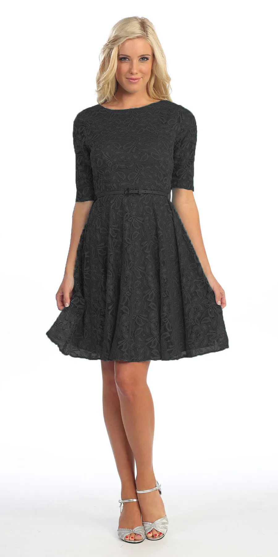Celavie 2367 Lace Dress Short Removable Belt Mid Sleeves