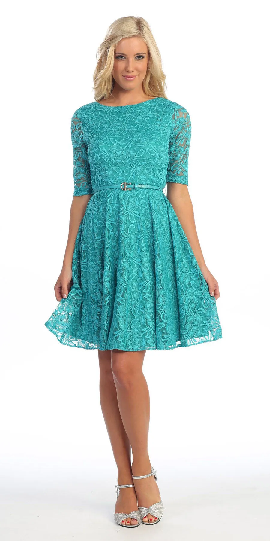 Celavie 2367 Lace Dress Short Removable Belt Mid Sleeves
