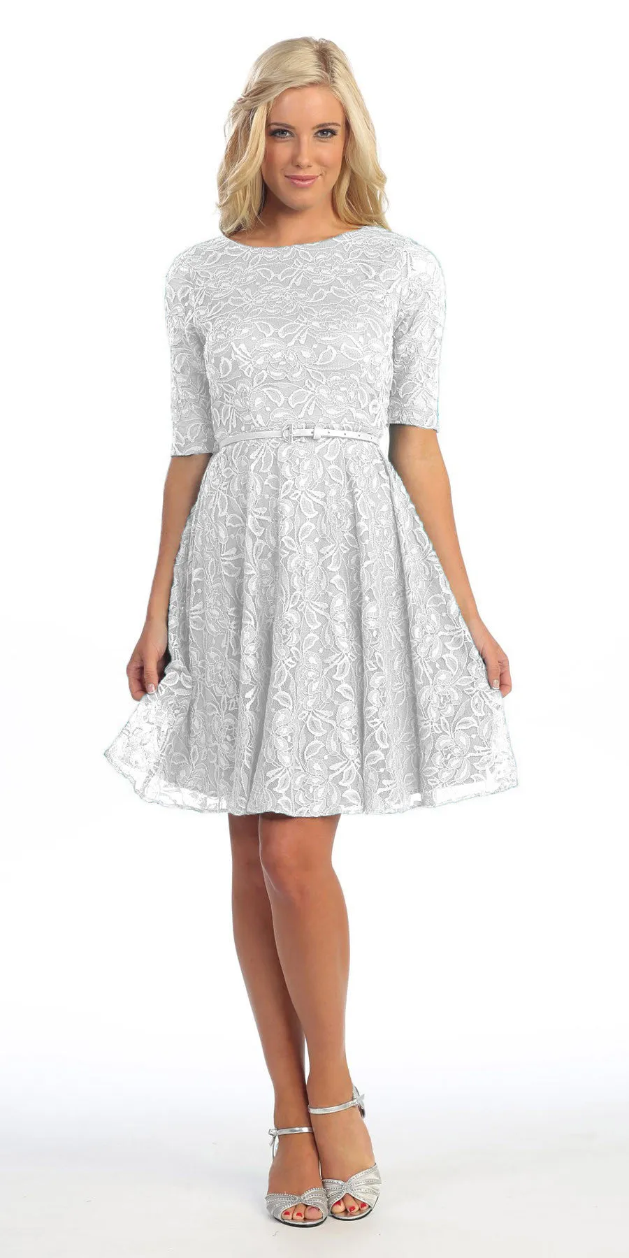 Celavie 2367 Lace Dress Short Removable Belt Mid Sleeves