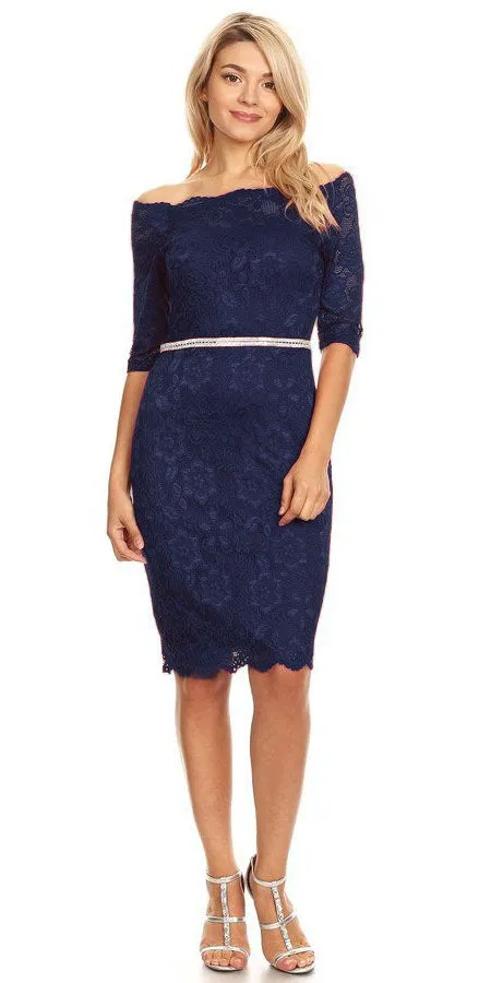 Celavie 6390S Knee Length Dress Off-Shoulder Mid Sleeve