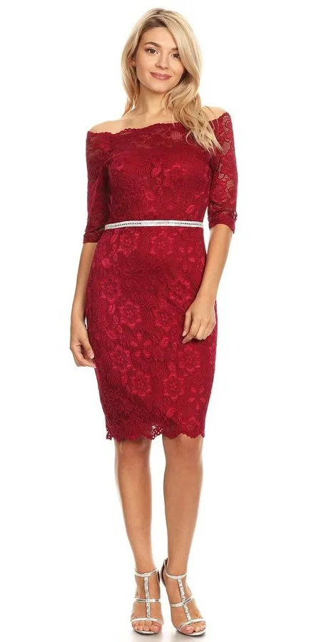 Celavie 6390S Knee Length Dress Off-Shoulder Mid Sleeve