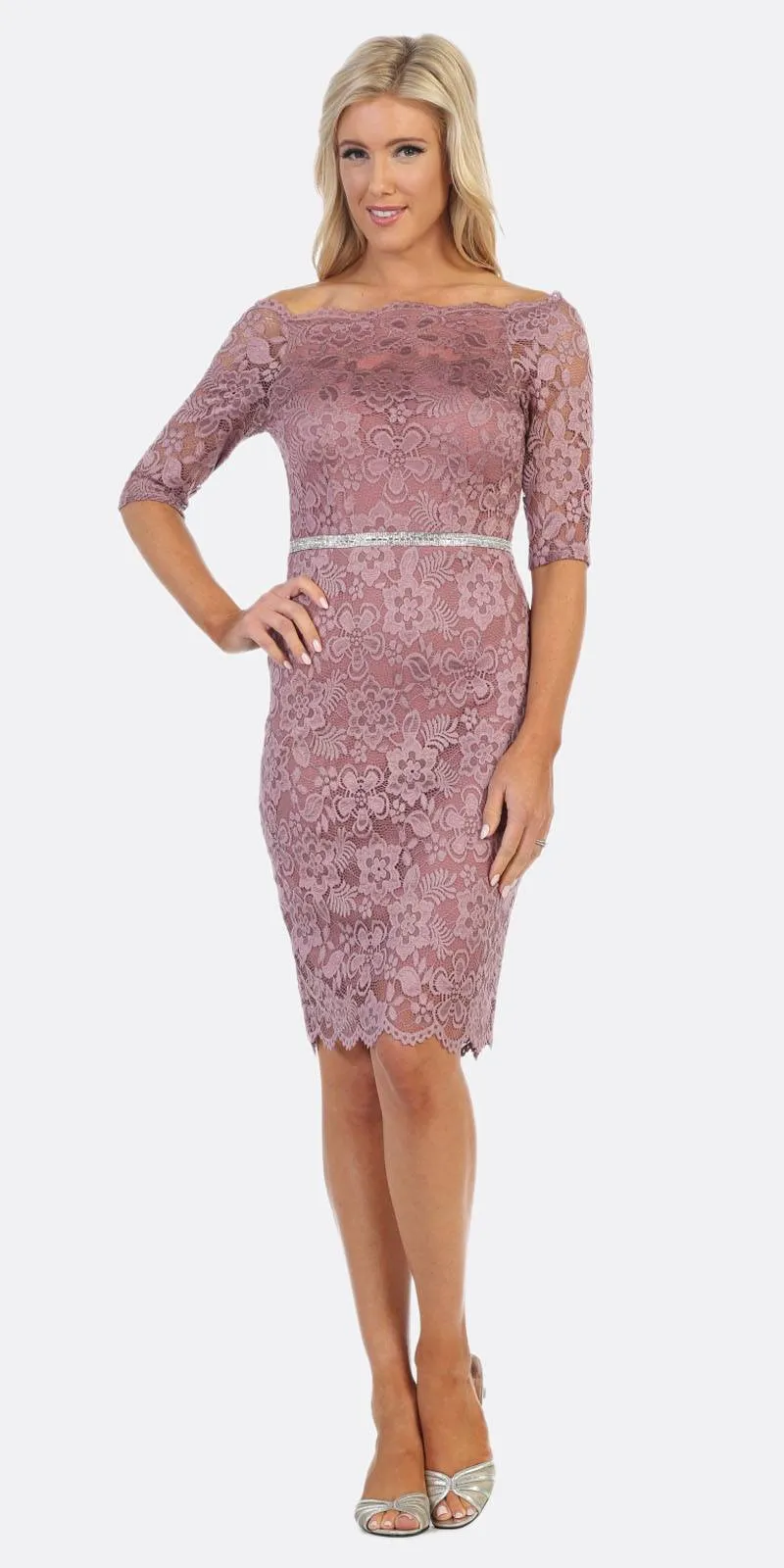 Celavie 6390S Knee Length Dress Off-Shoulder Mid Sleeve