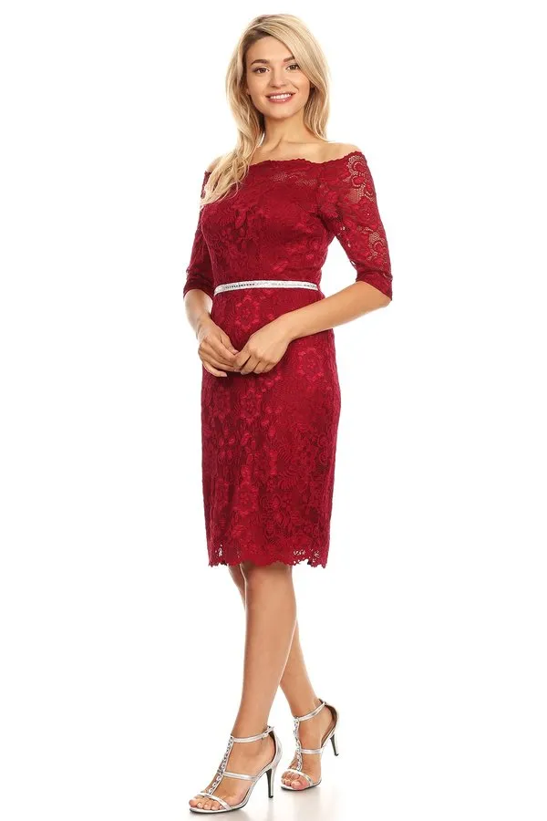 Celavie 6390S Knee Length Dress Off-Shoulder Mid Sleeve