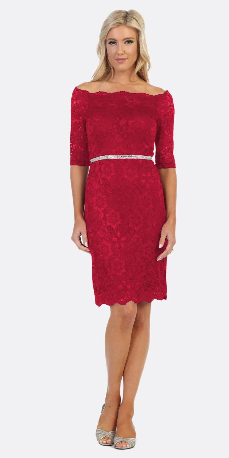 Celavie 6390S Knee Length Dress Off-Shoulder Mid Sleeve