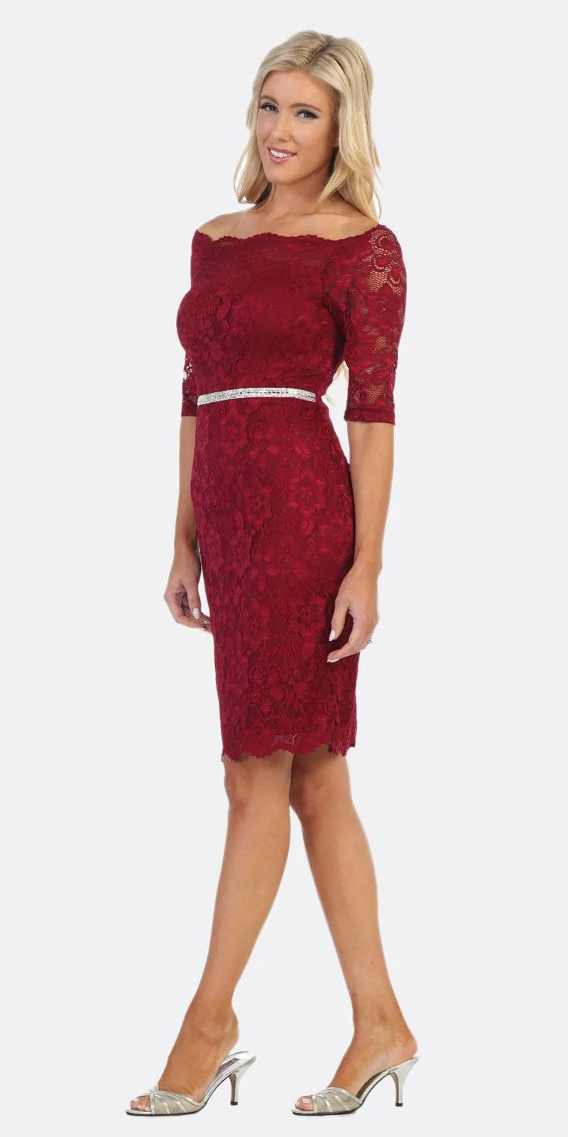 Celavie 6390S Knee Length Dress Off-Shoulder Mid Sleeve
