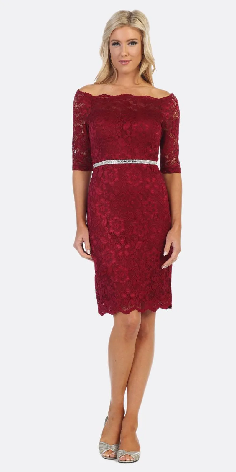 Celavie 6390S Knee Length Dress Off-Shoulder Mid Sleeve