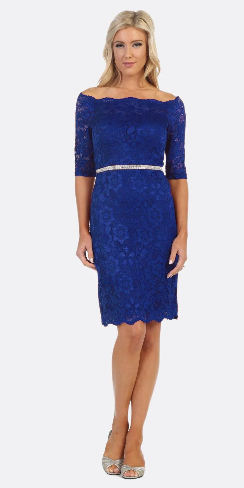 Celavie 6390S Knee Length Dress Off-Shoulder Mid Sleeve