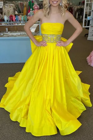 Chad | Yellow Strapless Beaded Waist Bow Back Long Gown