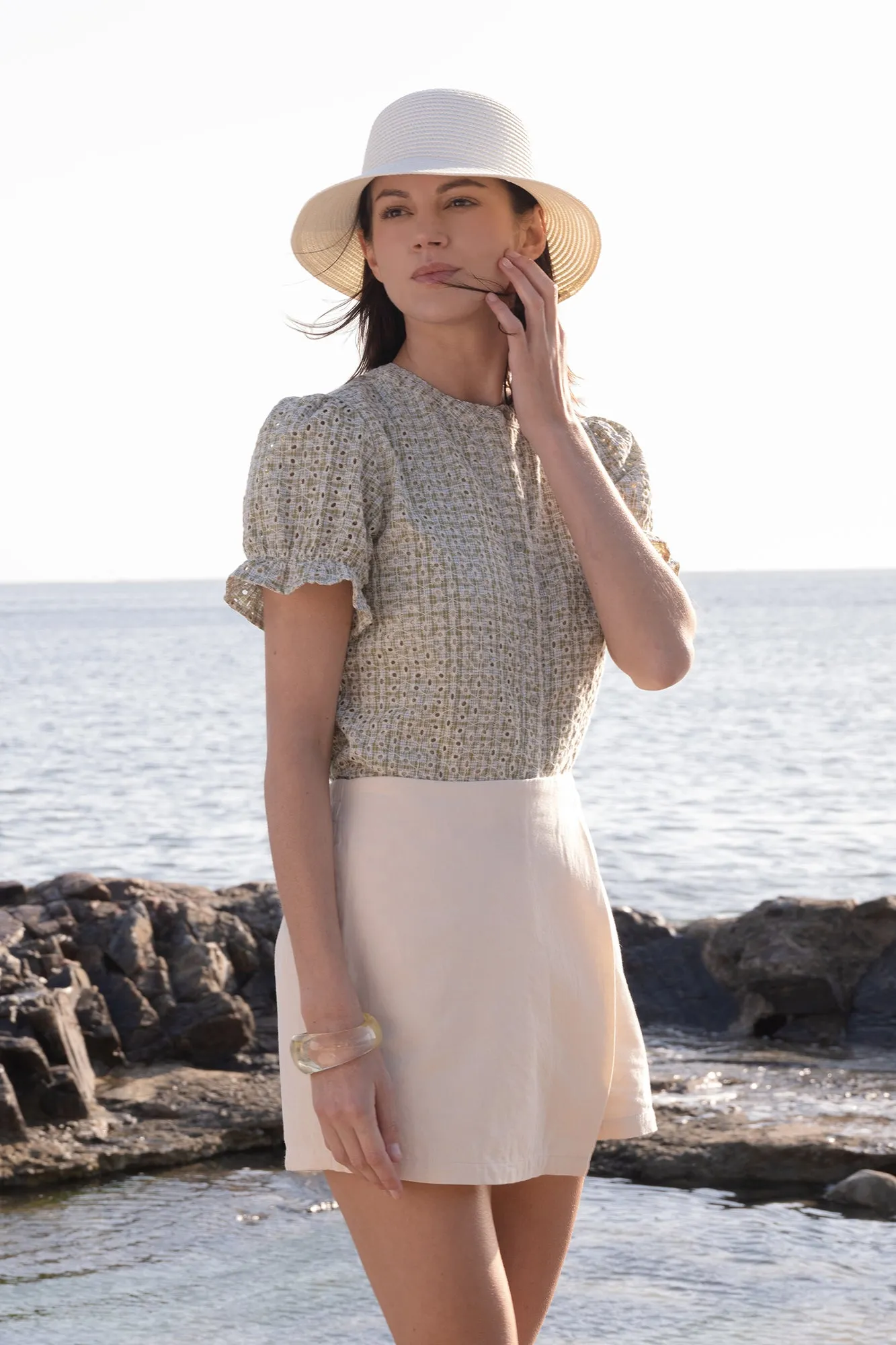 Checkered Openwork Button Down Top