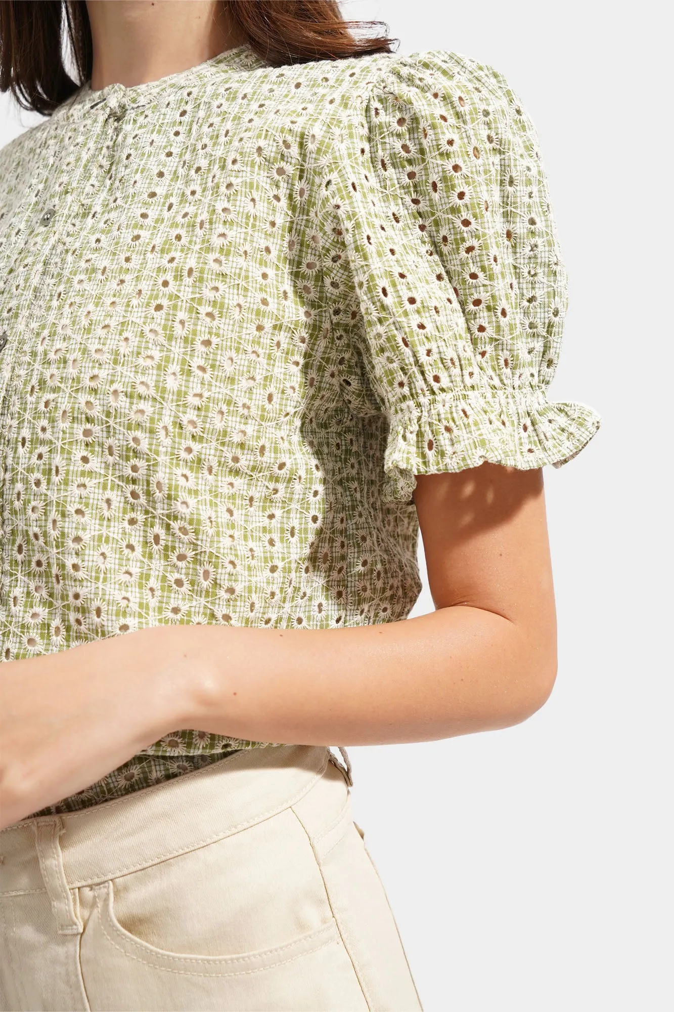 Checkered Openwork Button Down Top