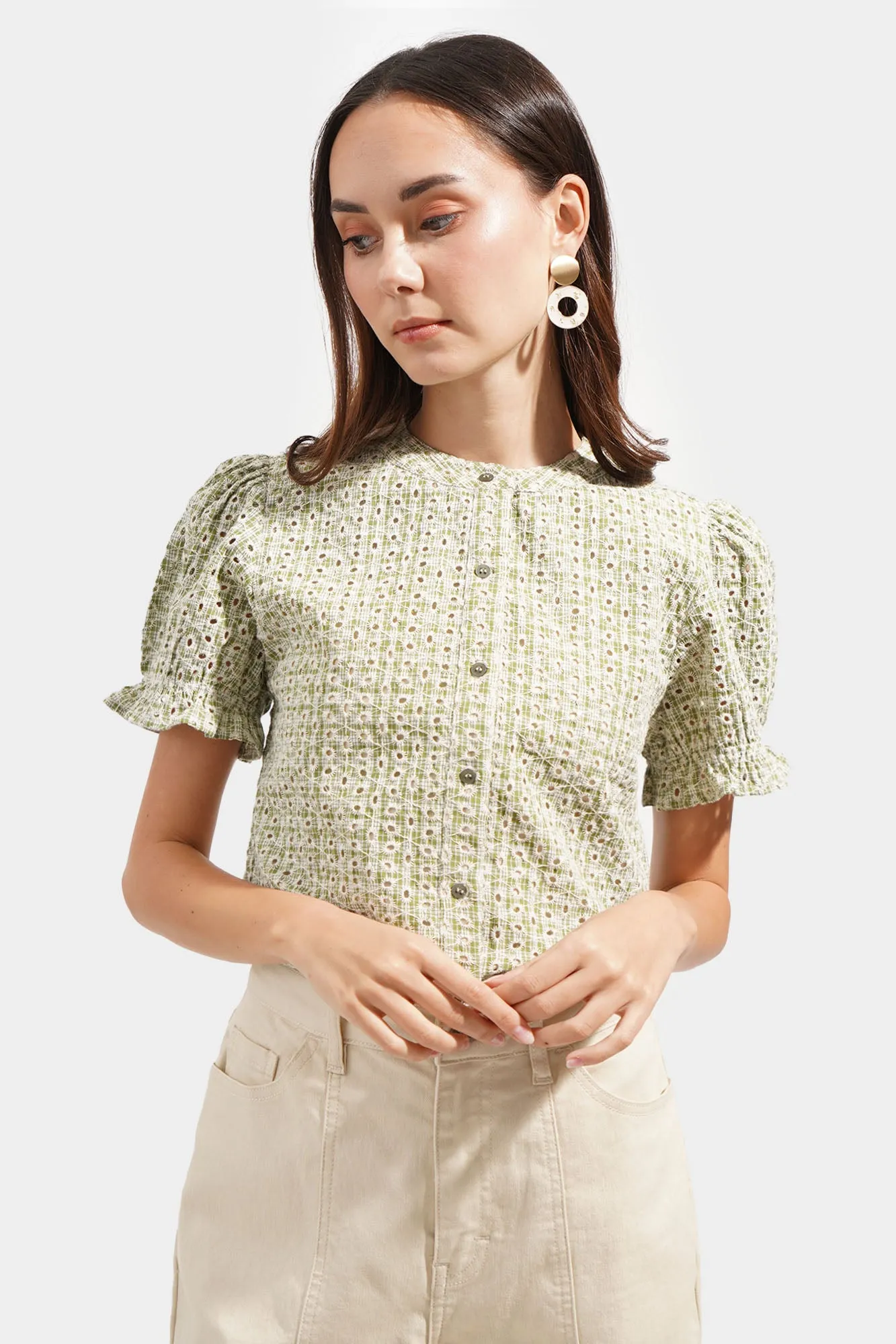Checkered Openwork Button Down Top
