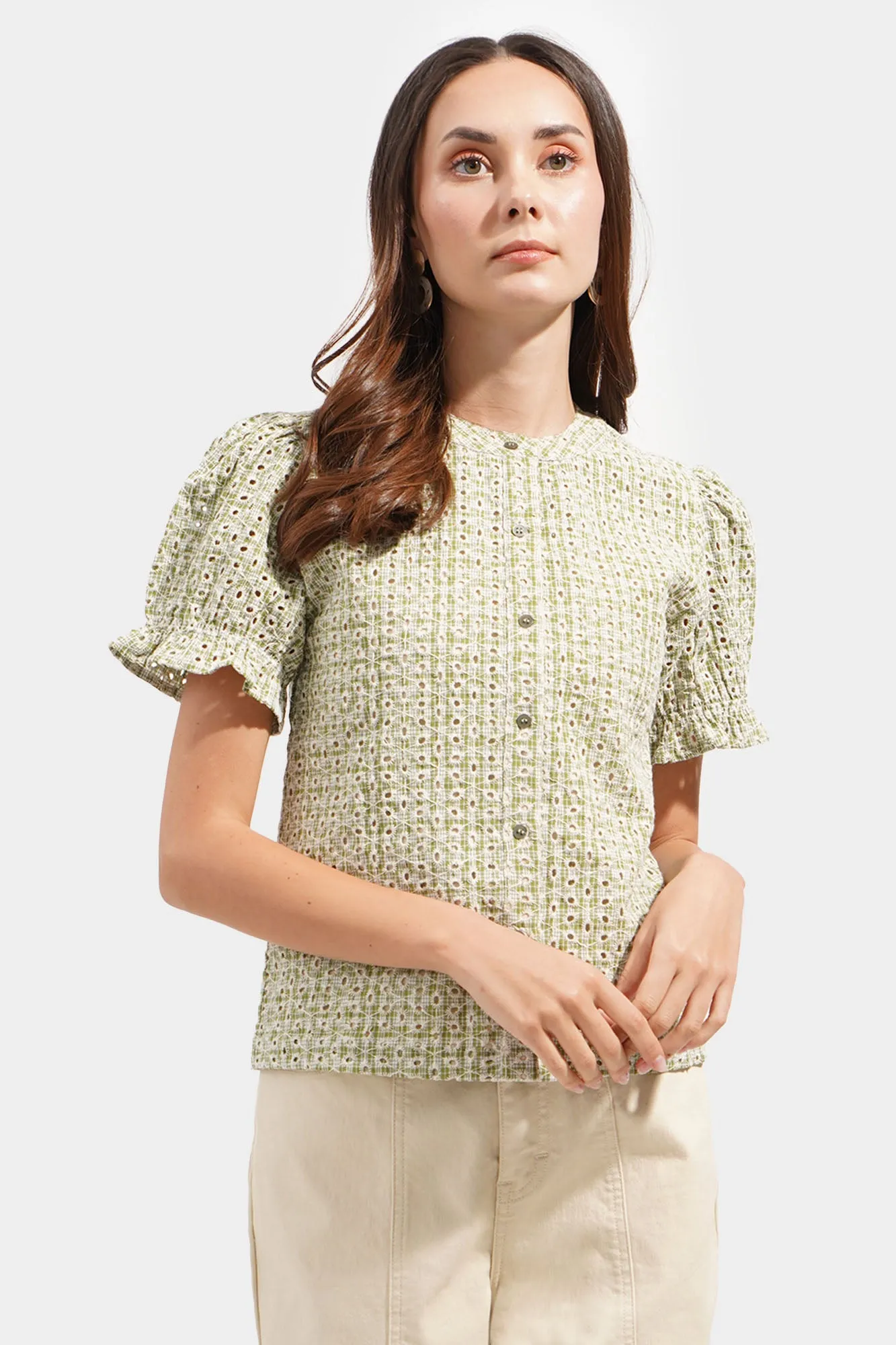 Checkered Openwork Button Down Top