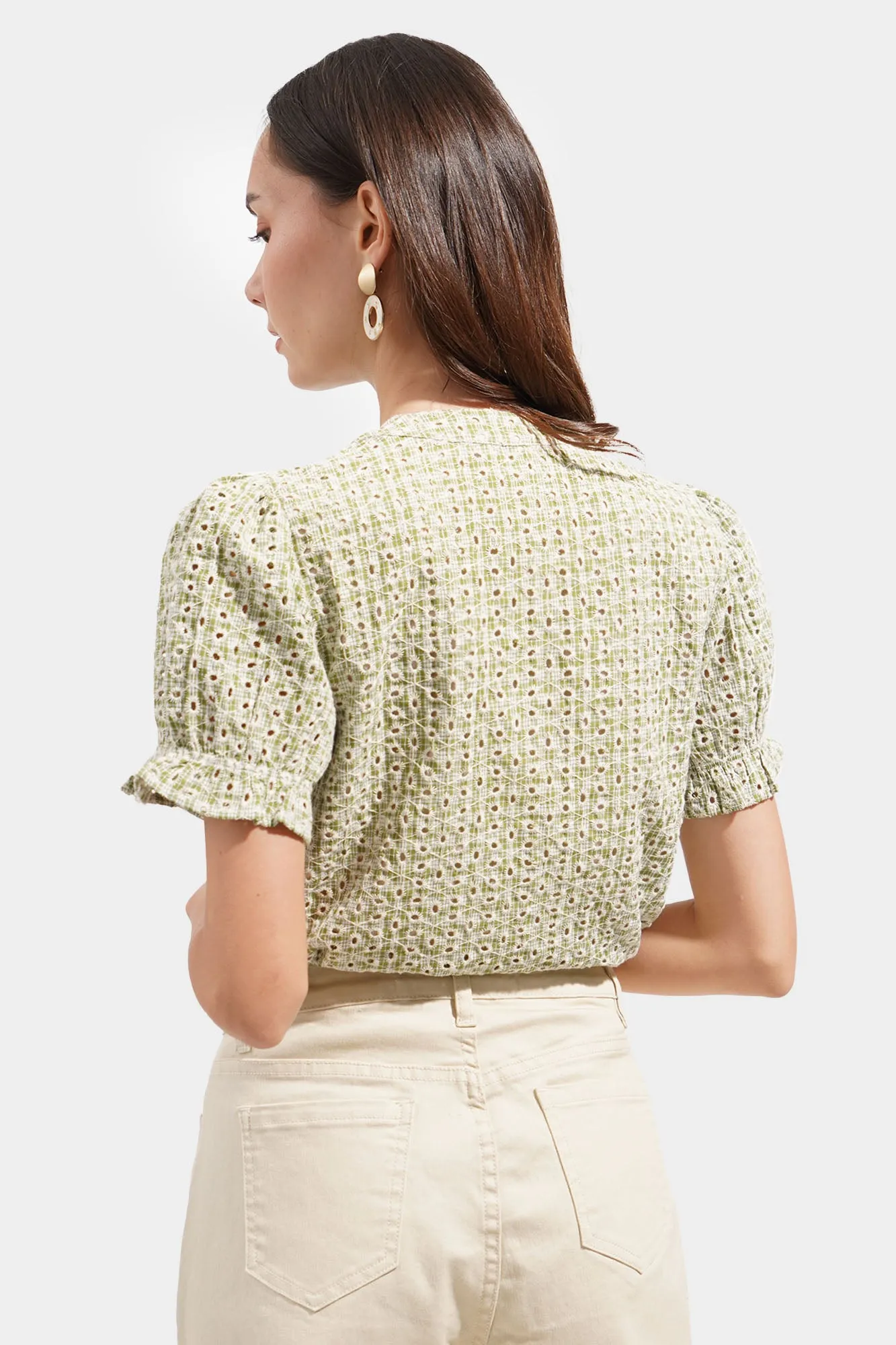 Checkered Openwork Button Down Top