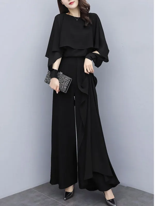 Chiffon Shirt Wide Leg Pants Trousers Suit Casual Set