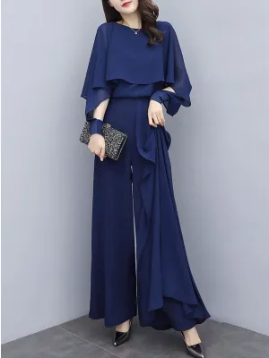 Chiffon Shirt Wide Leg Pants Trousers Suit Casual Set