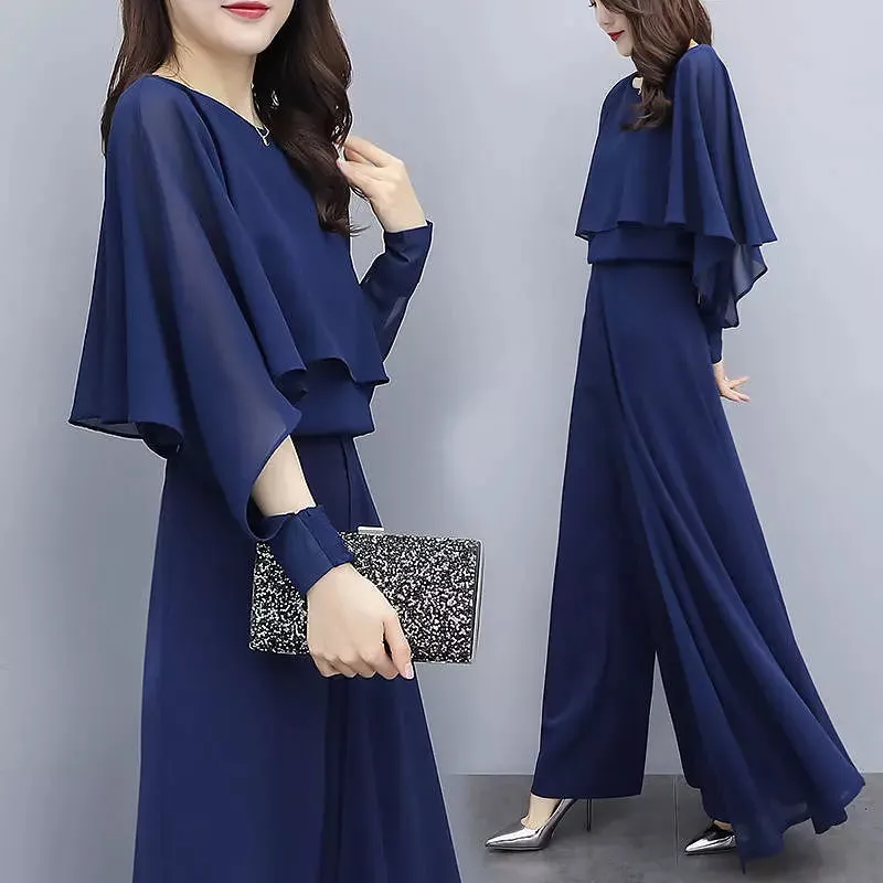 Chiffon Shirt Wide Leg Pants Trousers Suit Casual Set