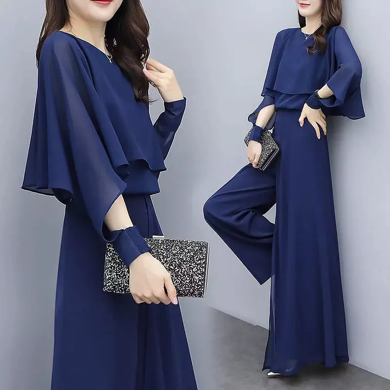 Chiffon Shirt Wide Leg Pants Trousers Suit Casual Set