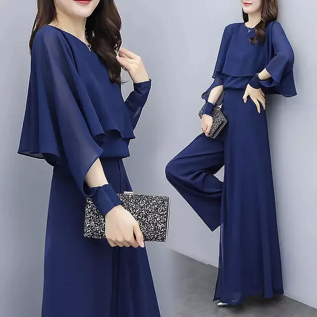 Chiffon Shirt Wide Leg Pants Trousers Suit Casual Set