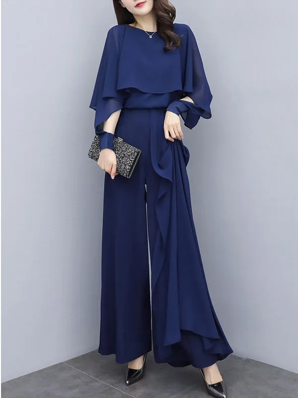 Chiffon Shirt Wide Leg Pants Trousers Suit Casual Set