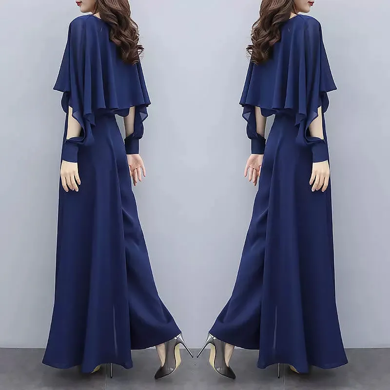 Chiffon Shirt Wide Leg Pants Trousers Suit Casual Set
